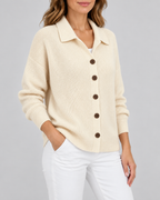 apricot knitted cardigan – studio three-quarter view