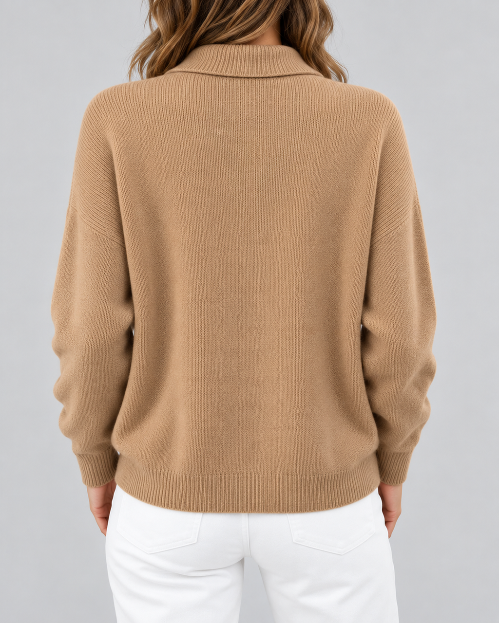 camel knitted cardigan – studio back view