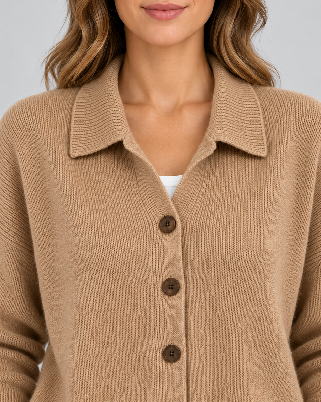 camel knitted cardigan – studio detail view