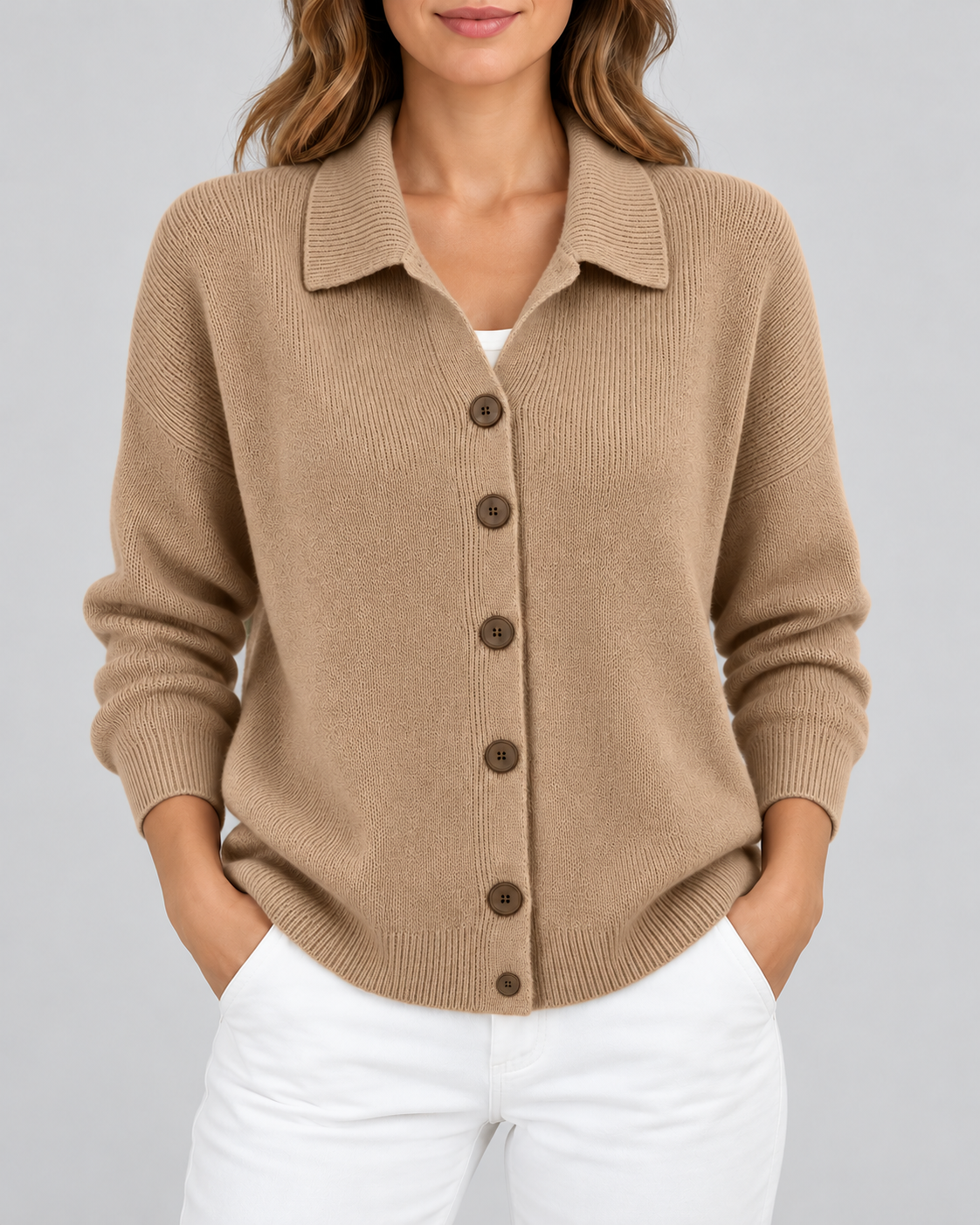 Camel knitted cardigan – studio front view