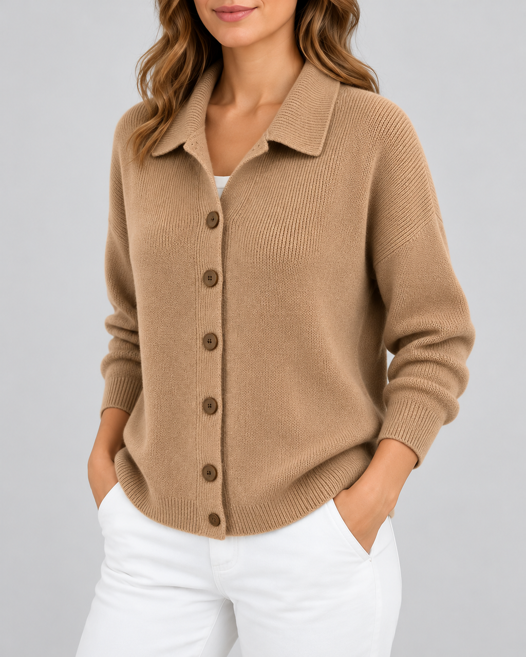 Camel knitted cardigan – studio three-quarter view