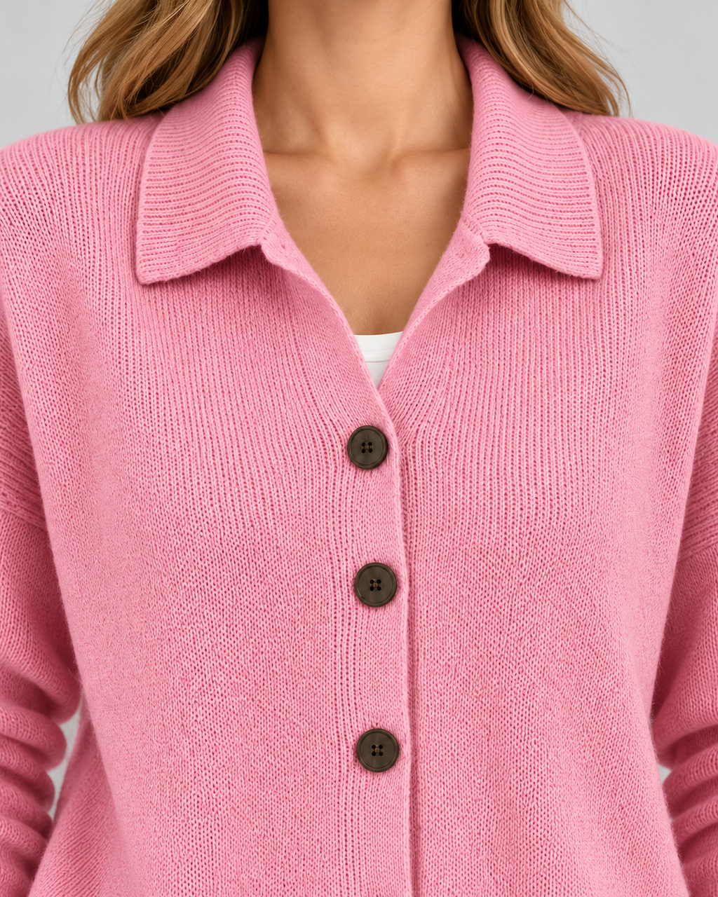 pink knitted cardigan – studio detail view