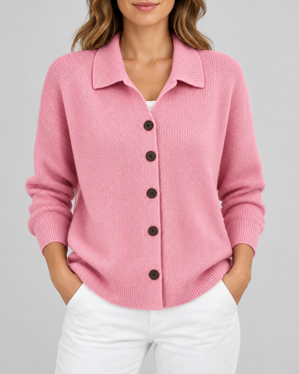 Pink knitted cardigan – studio front view