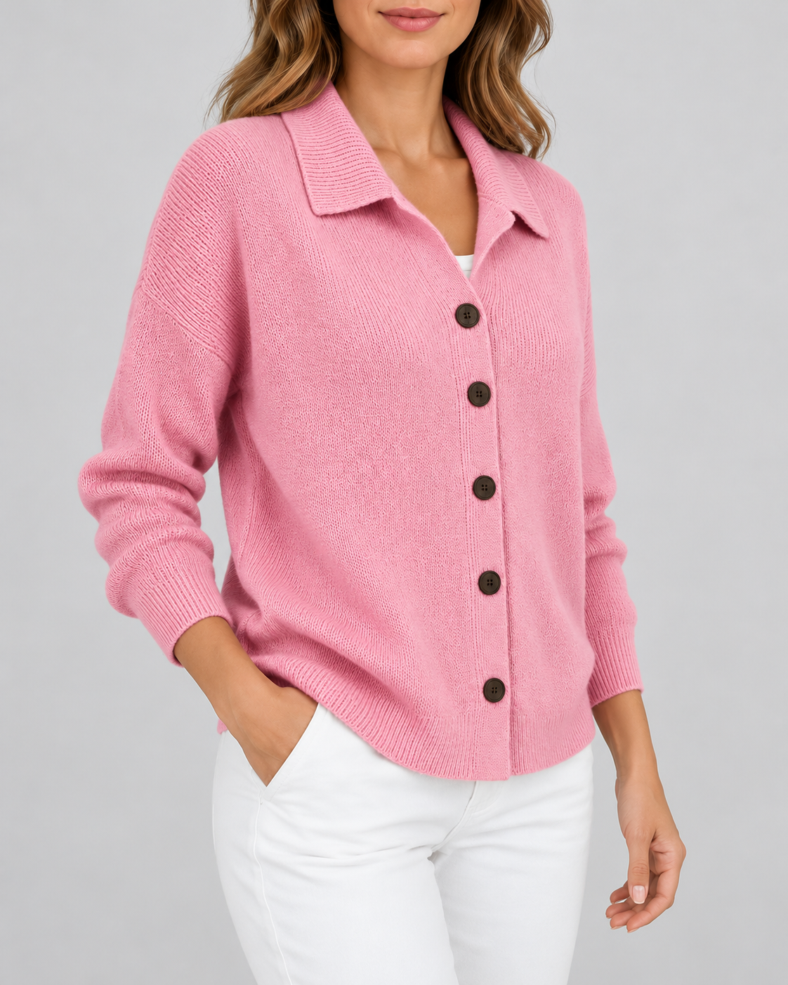 pink knitted cardigan – studio three-quarter view