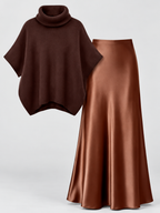 Coffee roll neck poncho top and flared skirt, studio view 4