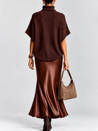 Coffee roll neck poncho top and flared skirt, studio view 6