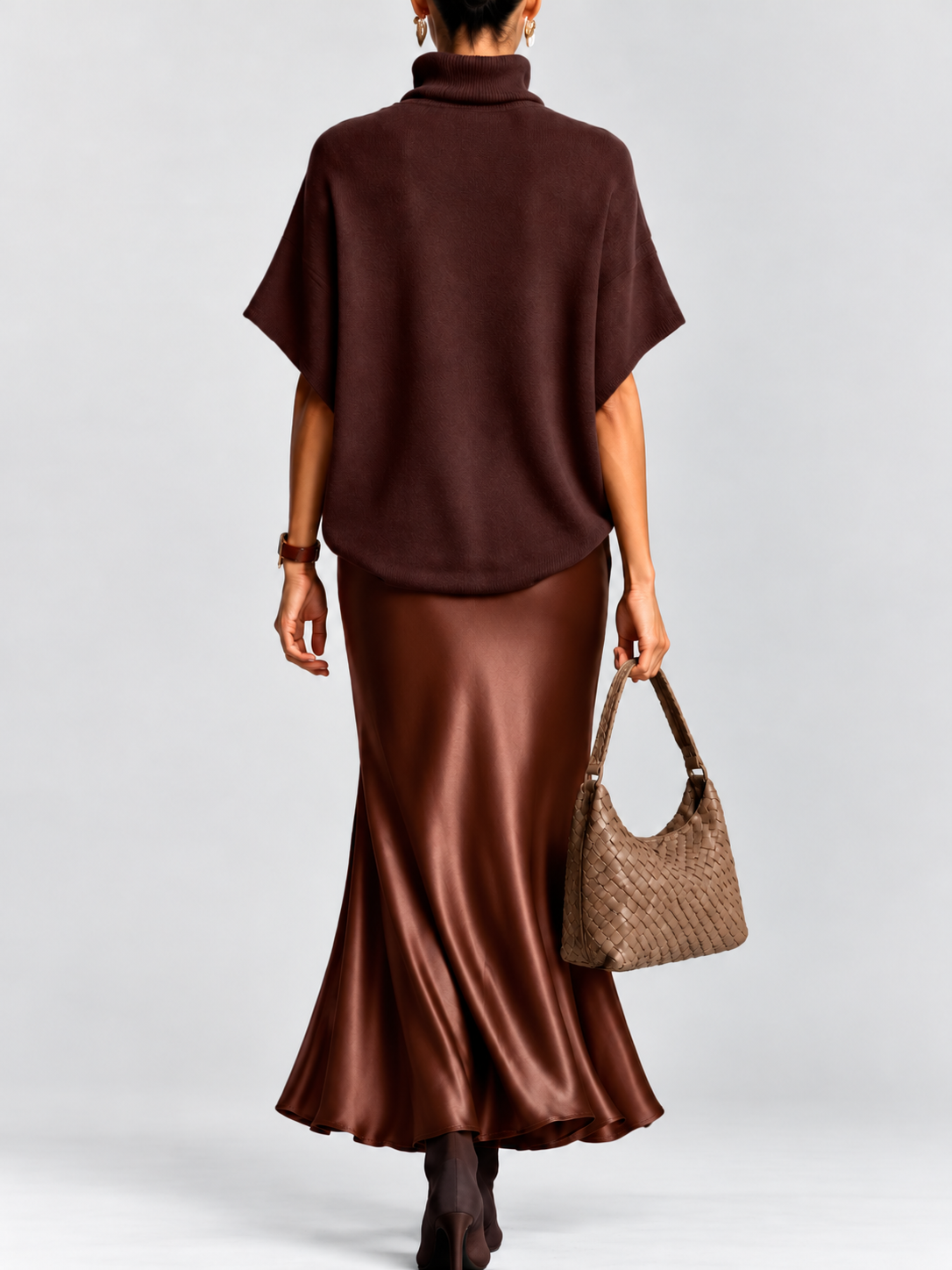 Coffee roll neck poncho top and flared skirt, studio view 6