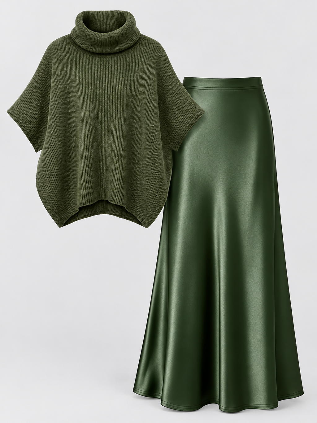 Green roll neck poncho top and flared skirt, studio view 7