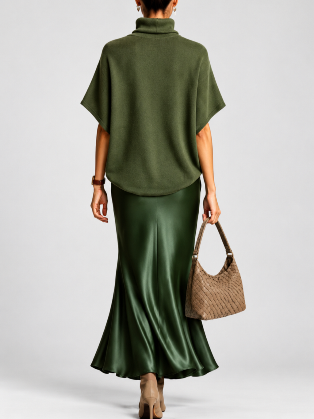 Green roll neck poncho top and flared skirt, studio view 9