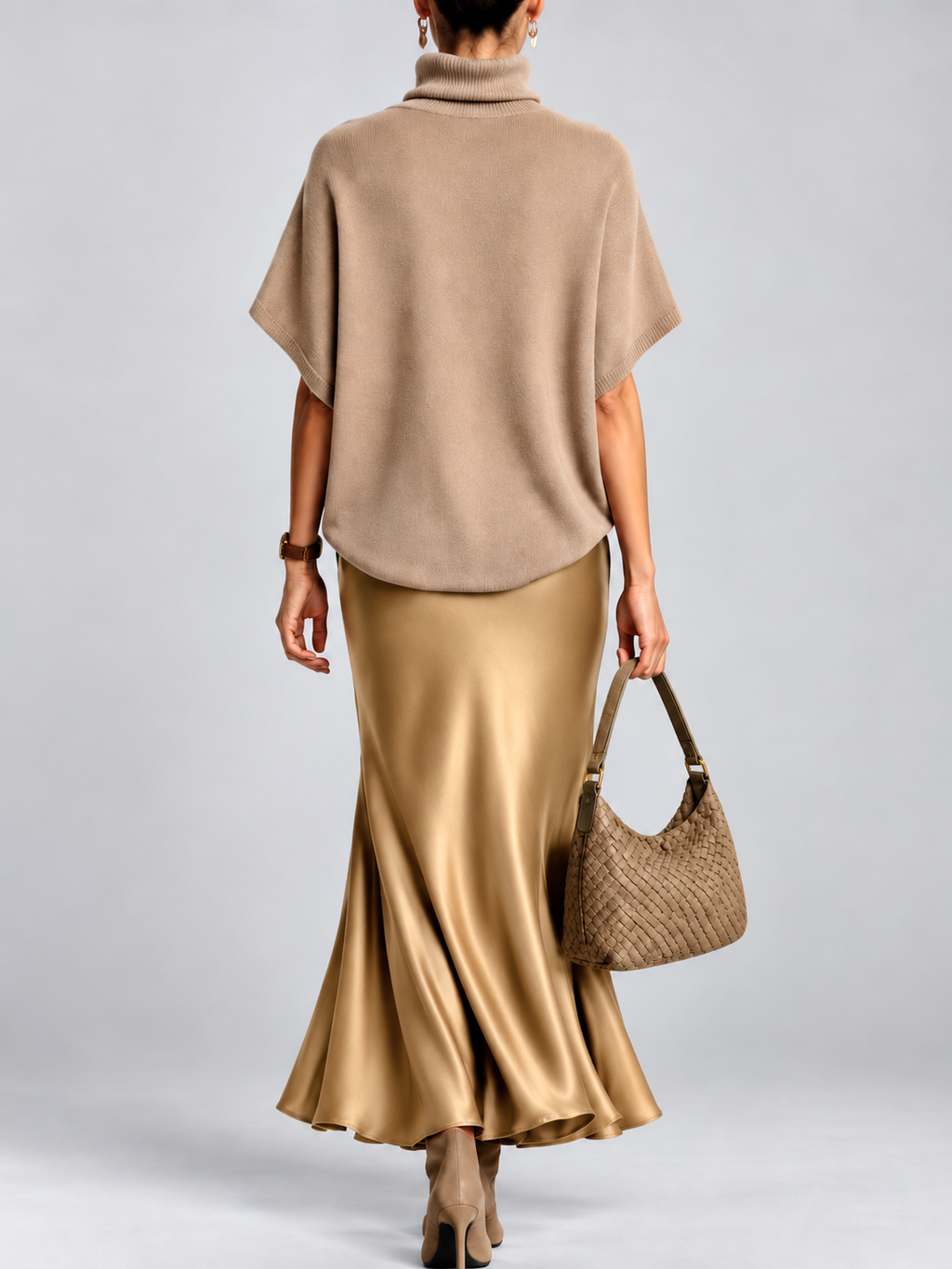 Khaki roll neck poncho top and flared skirt, studio view 3