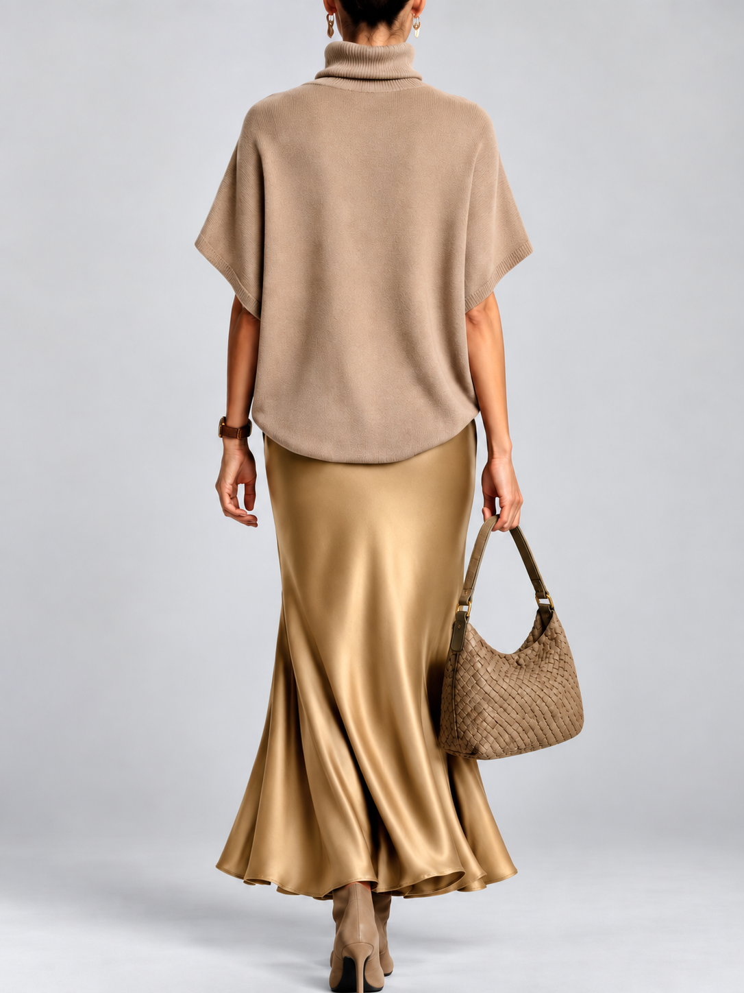 Khaki roll neck poncho top and flared skirt, studio view 3