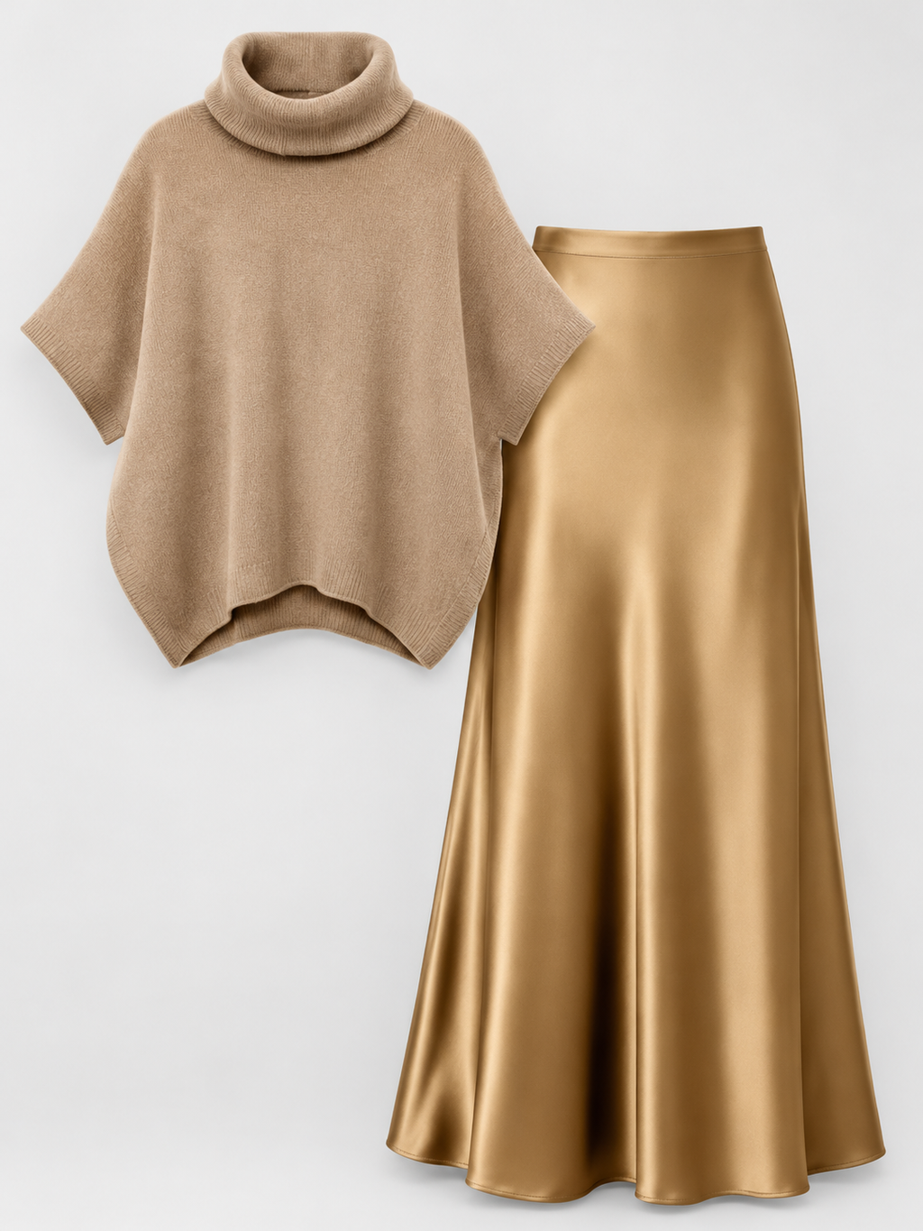 Product 261 roll neck poncho top and flared skirt, studio view 01