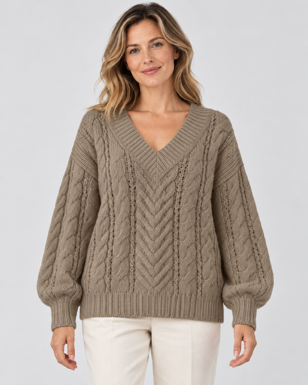 khaki cable knit V-neck jumper – 01_front studio view