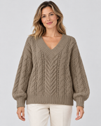 khaki cable knit V-neck jumper – 01_front studio view