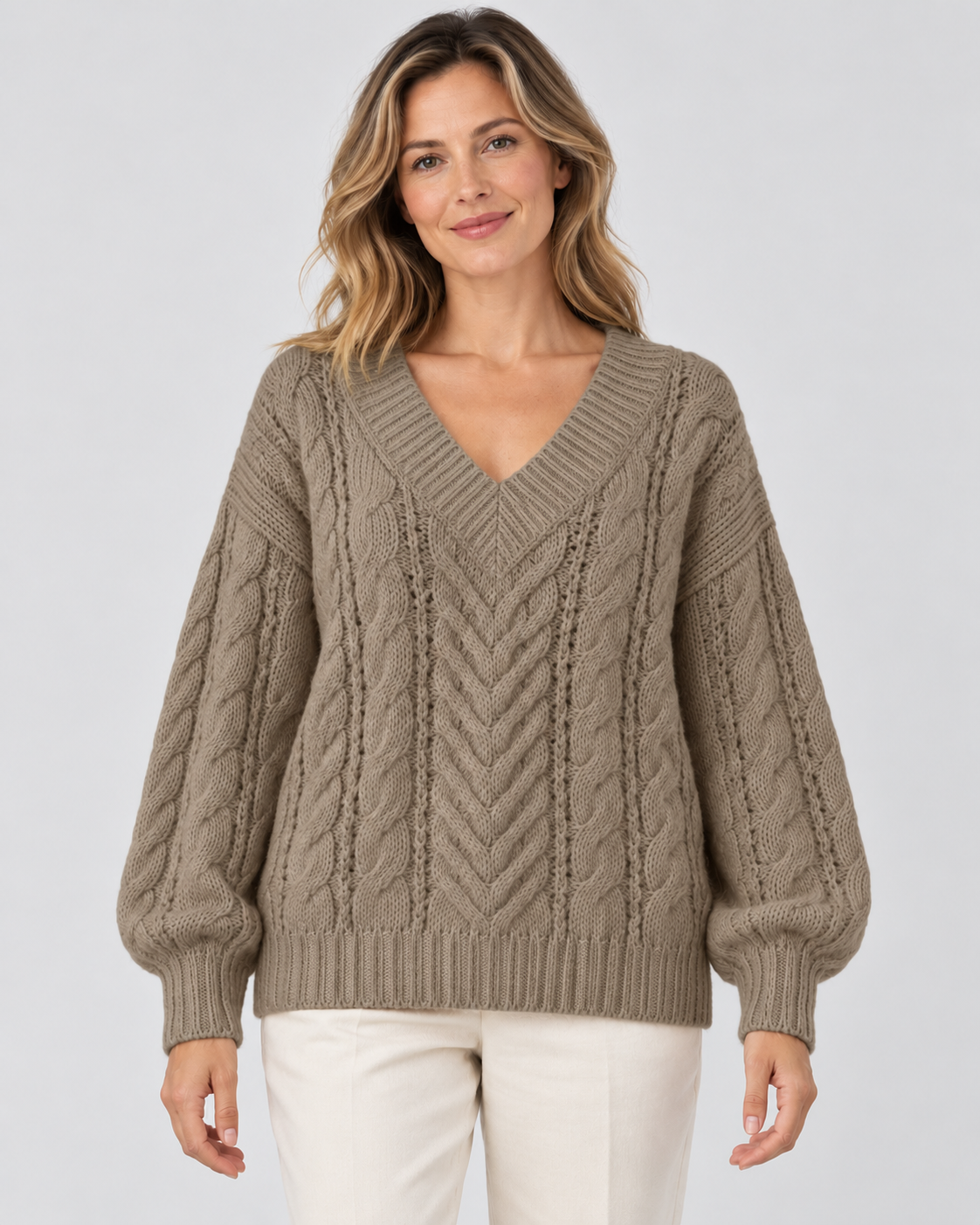 khaki cable knit V-neck jumper – 01_front studio view