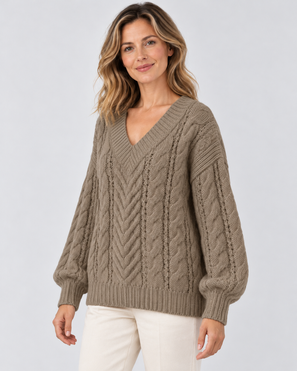 khaki cable knit V-neck jumper – 02_three-quarter studio view