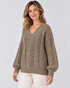 khaki cable knit V-neck jumper – 02_three-quarter studio view