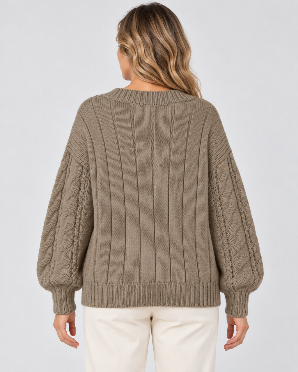 khaki cable knit V-neck jumper – 03_back studio view