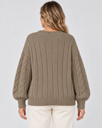 khaki cable knit V-neck jumper – 03_back studio view
