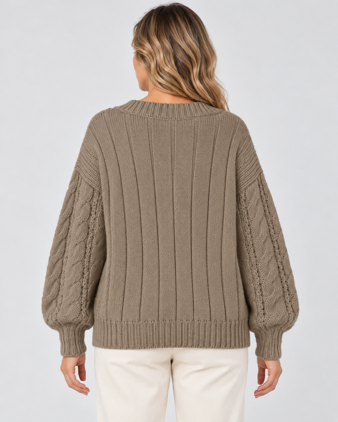 khaki cable knit V-neck jumper – 03_back studio view