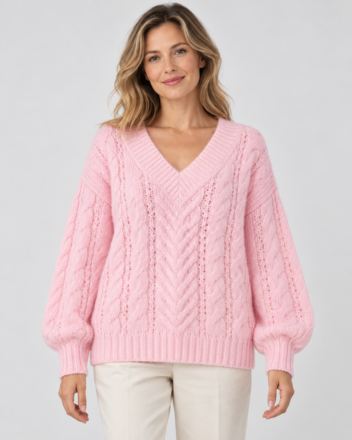 pink cable knit V-neck jumper – 01_front studio view