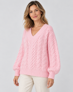 pink cable knit V-neck jumper – 02_three-quarter studio view