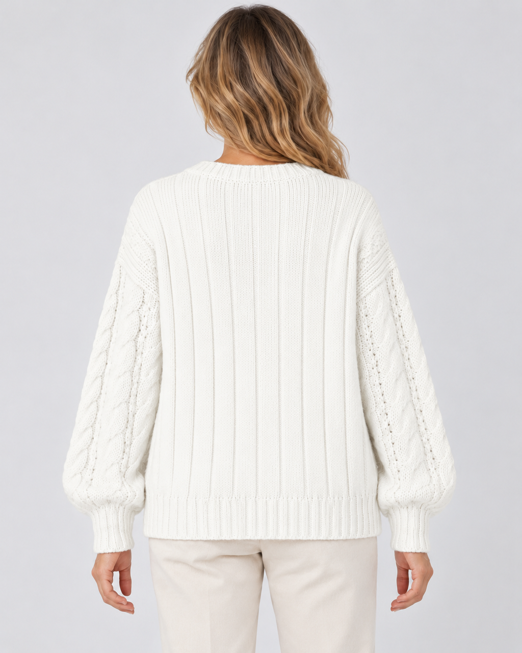 white cable knit V-neck jumper – 03_back studio view