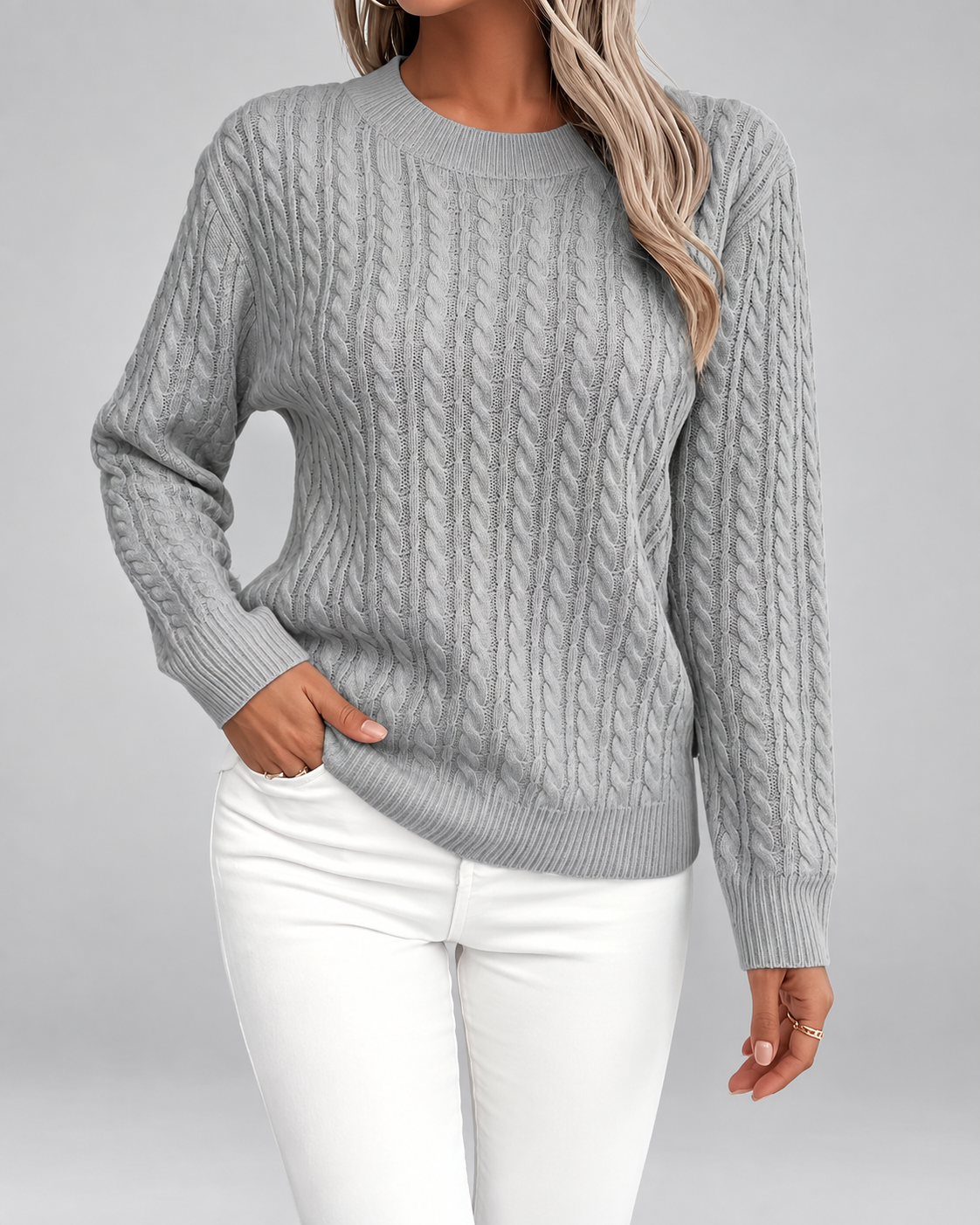 Women's Cable Textured Jumper with Crew Neck and Ribbed Cuffs