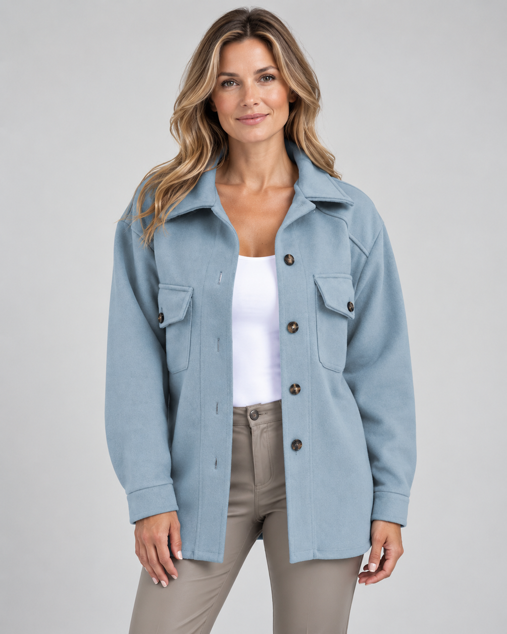 Women's Oversized Jacket with Button Front and Chest Pockets