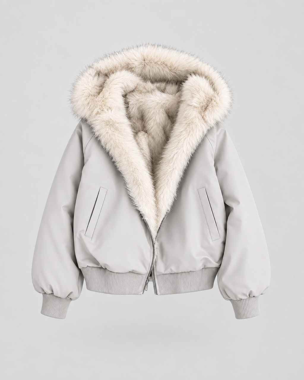 Women's Bomber Jacket with Faux Fur Lining - light grey