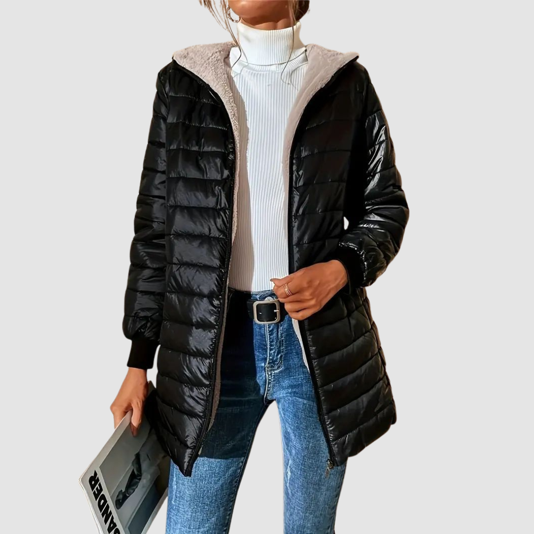 Women's Long Padded Hooded Puffer Jacket with Sherpa Lining
