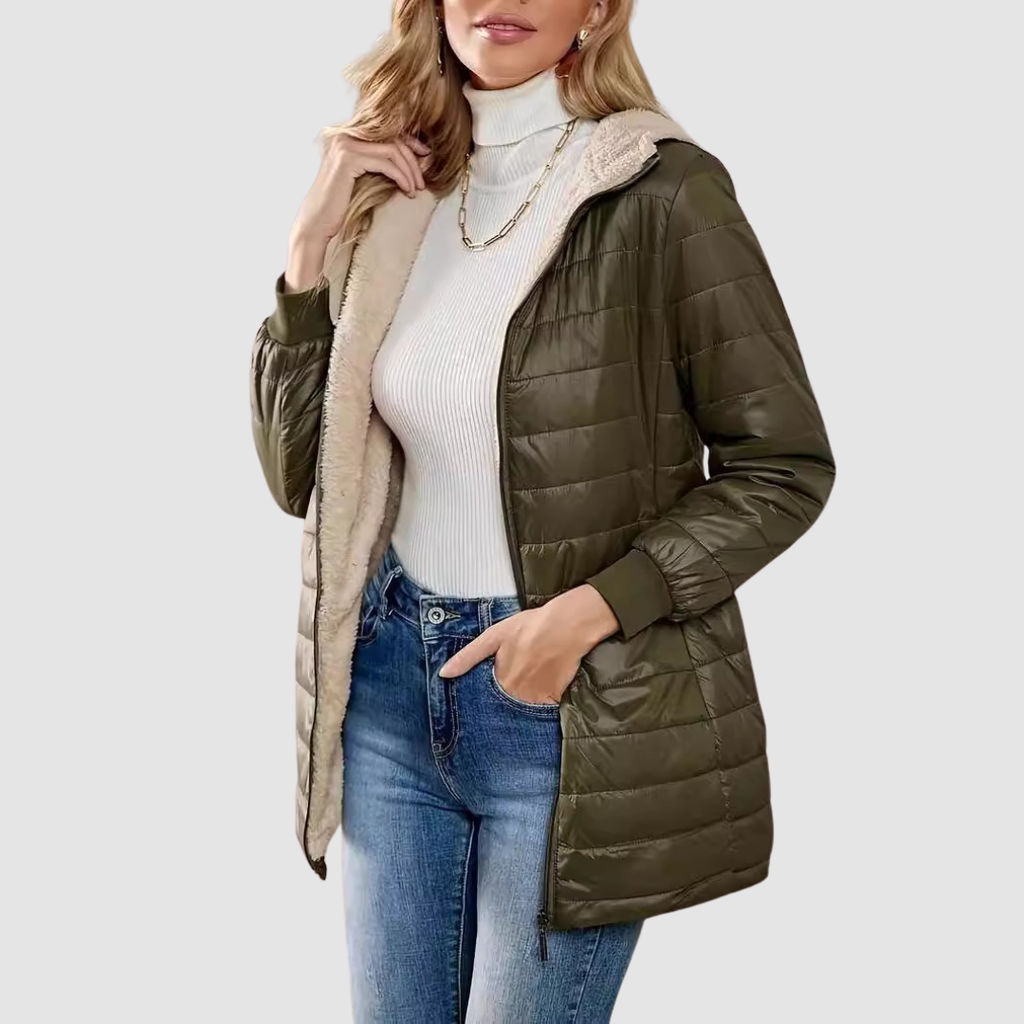 Women's Long Padded Hooded Puffer Jacket with Sherpa Lining