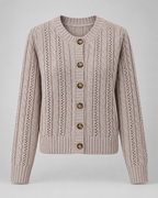 Women's Cable Knit Cardigan with Round Neck and Button Front
