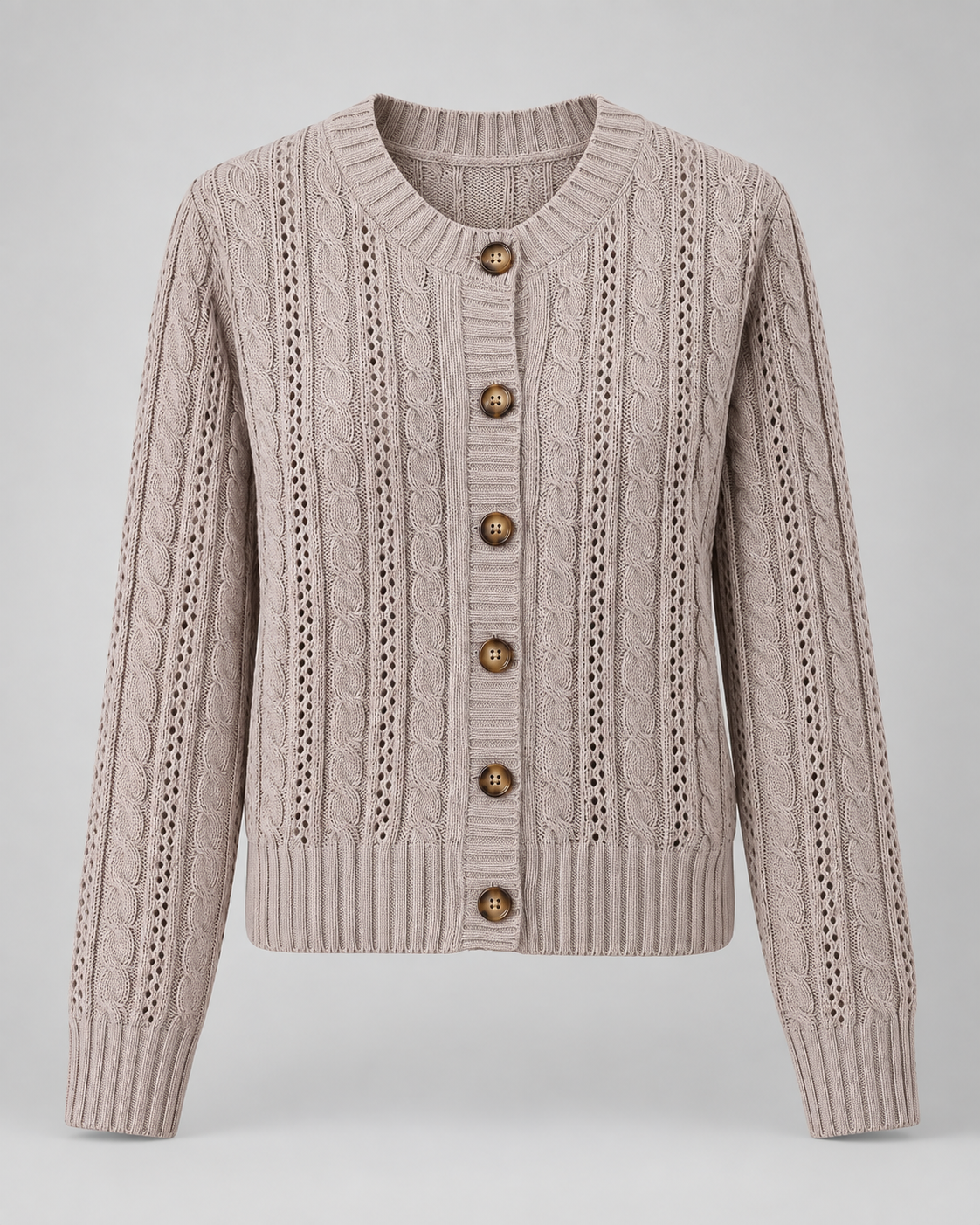 Women's Cable Knit Cardigan with Round Neck and Button Front