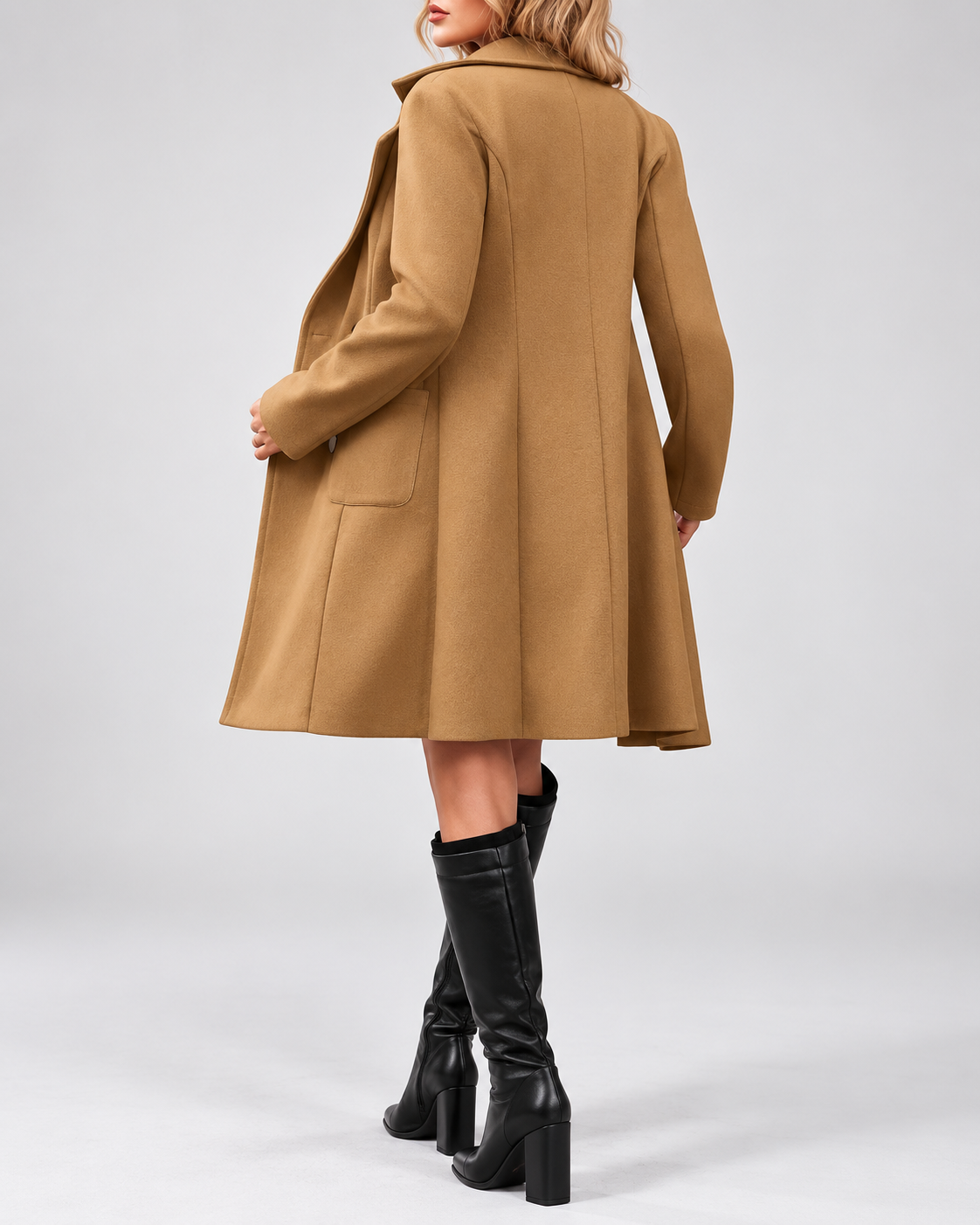 Women's Mid Length Wool Blend Coat with Notch Lapel and Double Breasted Front
