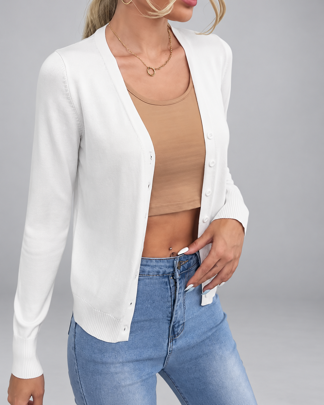 Women's Fine Knit V-Neck Cardigan with Button Front