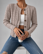 Women's Cable Knit Cardigan with Round Neck and Button Front
