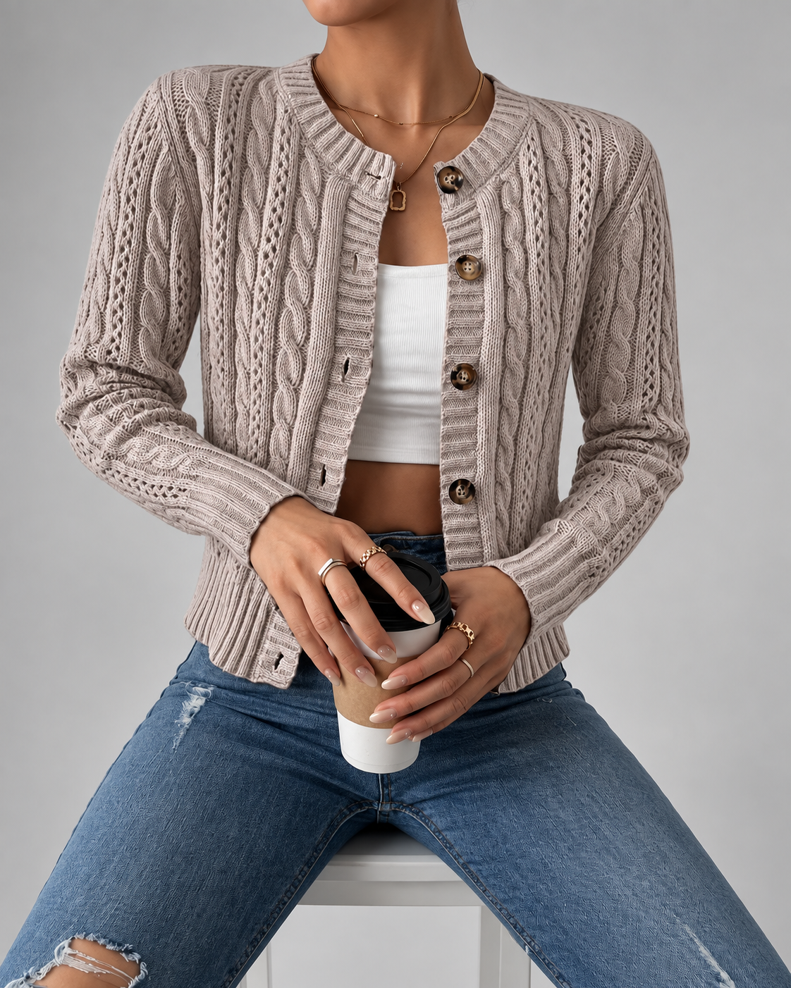 Women's Cable Knit Cardigan with Round Neck and Button Front