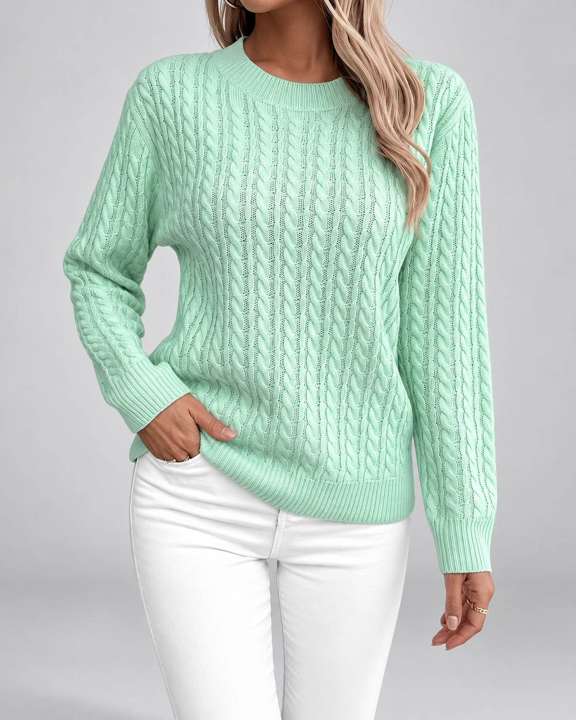 Women's Cable Textured Jumper with Crew Neck and Ribbed Cuffs
