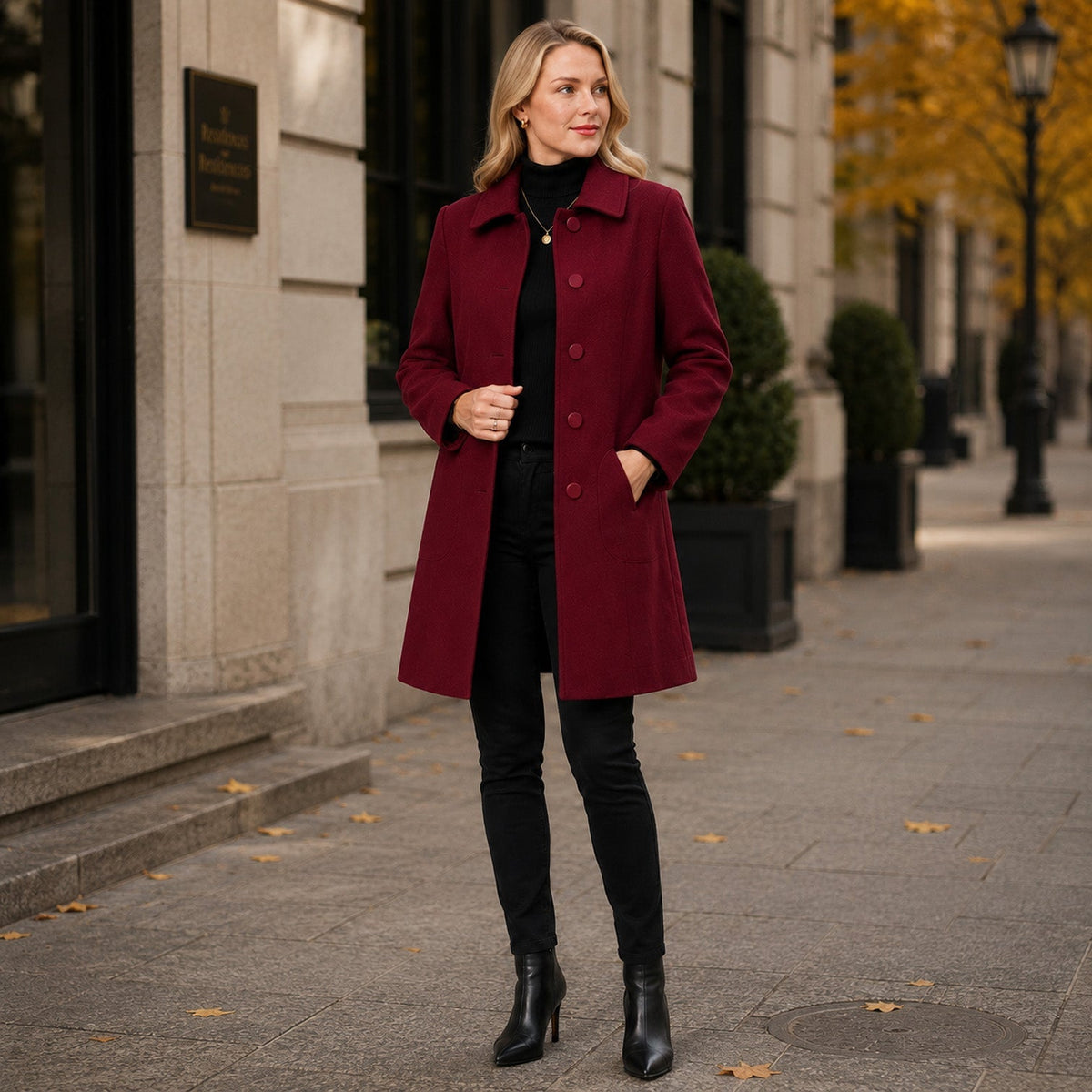 Women's wool blend longline coat with a button front and side pockets