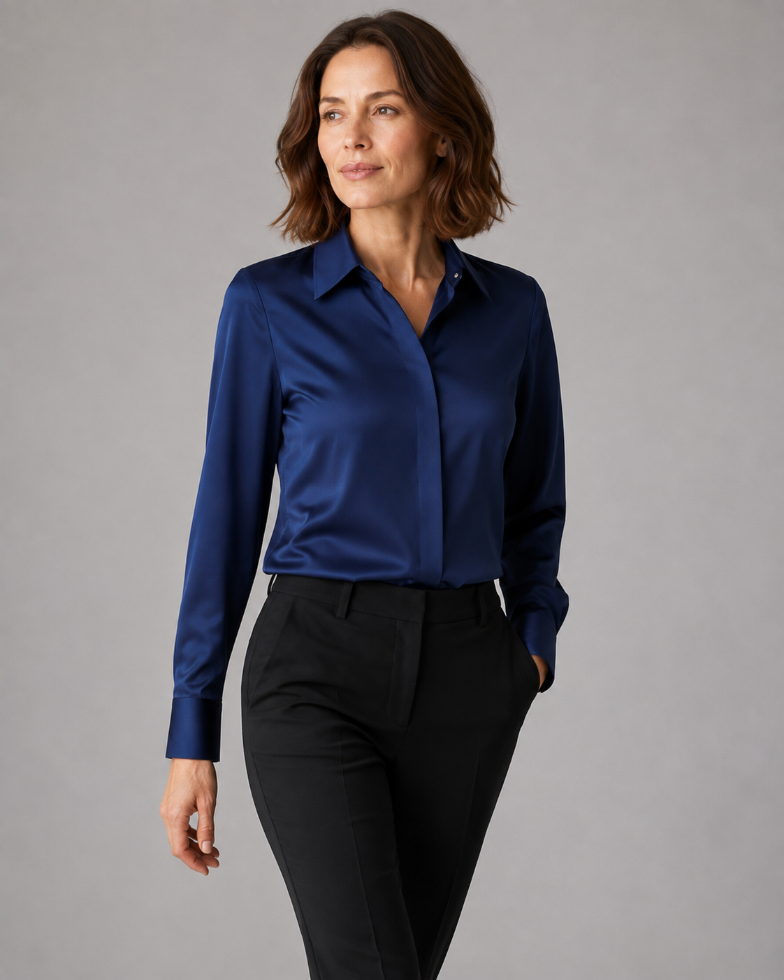Women's Satin Collared Long Sleeve Button Up Blouse