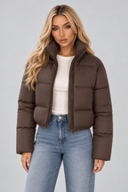 Women's Cropped Puffer Jacket with Zip Pockets and Funnel Neck