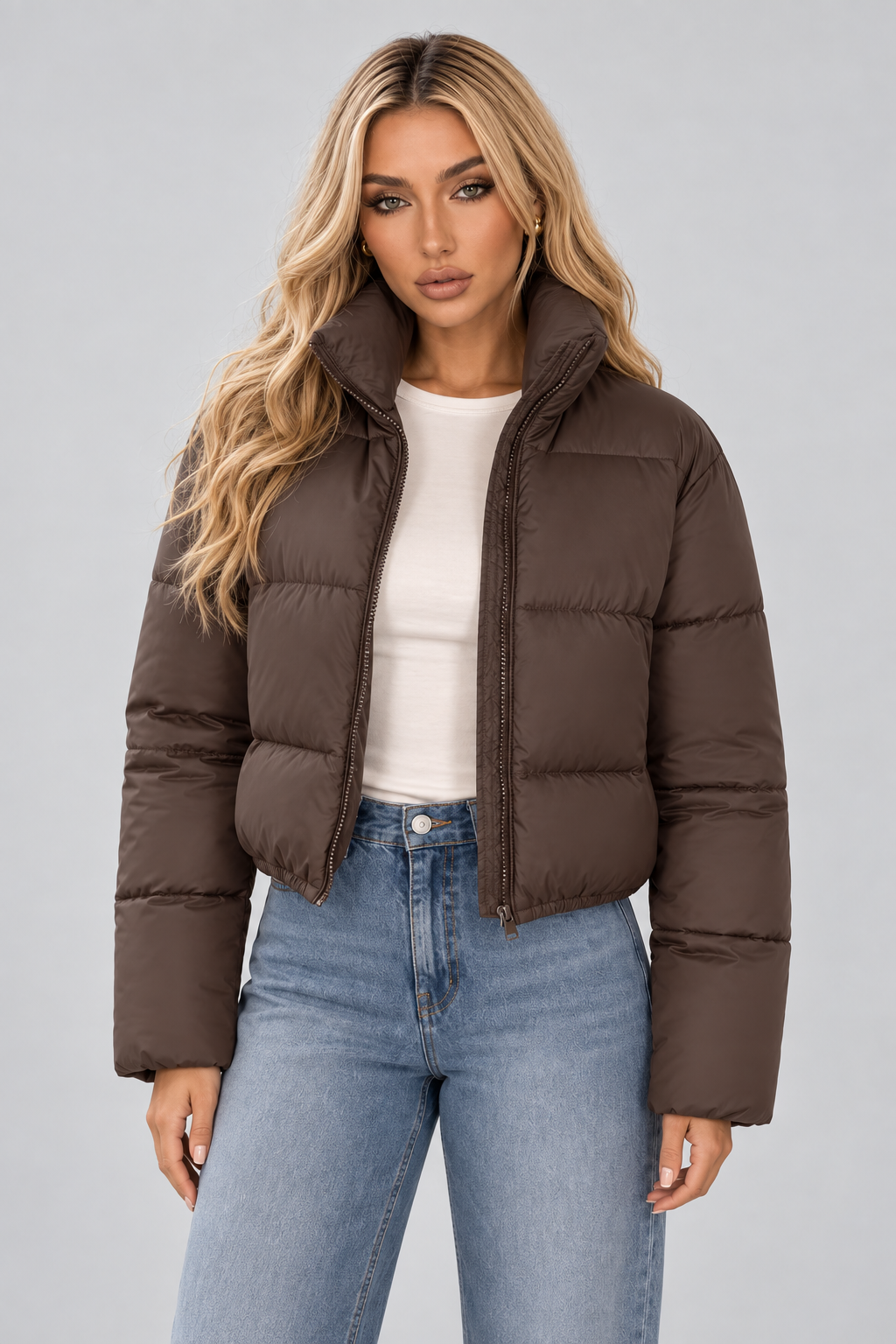 Women's Cropped Puffer Jacket with Zip Pockets and Funnel Neck