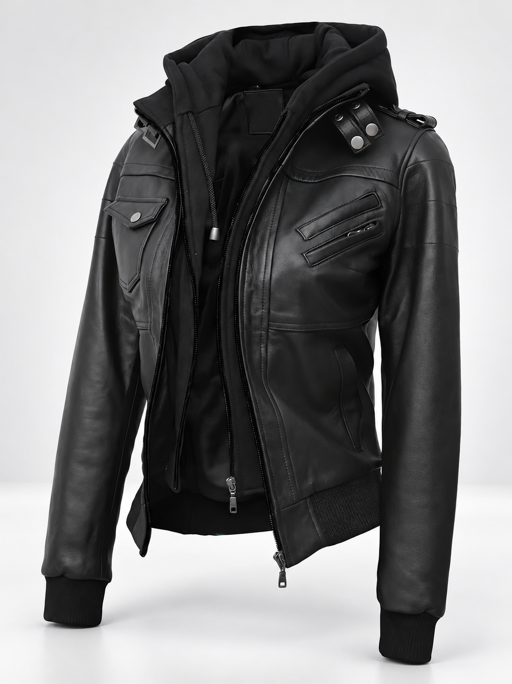 Women's Hooded Faux Leather Zip-Up Jacket with Ribbed Cuffs and Shoulder Epaulettes in Black – photo 1
