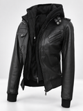 Women's Hooded Faux Leather Zip-Up Jacket with Ribbed Cuffs and Shoulder Epaulettes in Black – photo 1