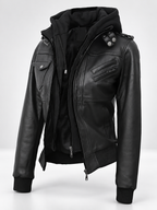 Women's Hooded Faux Leather Zip-Up Jacket with Ribbed Cuffs and Shoulder Epaulettes in Black – photo 1