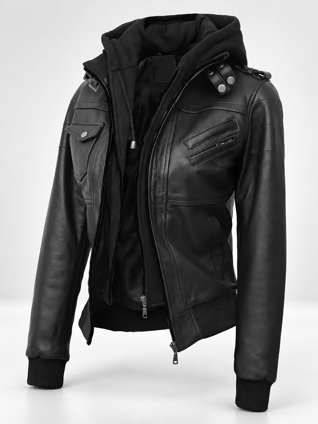 Women's Hooded Faux Leather Zip-Up Jacket with Ribbed Cuffs and Shoulder Epaulettes in Black – photo 1