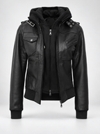 Women's Hooded Faux Leather Zip-Up Jacket with Ribbed Cuffs and Shoulder Epaulettes in Black – photo 2