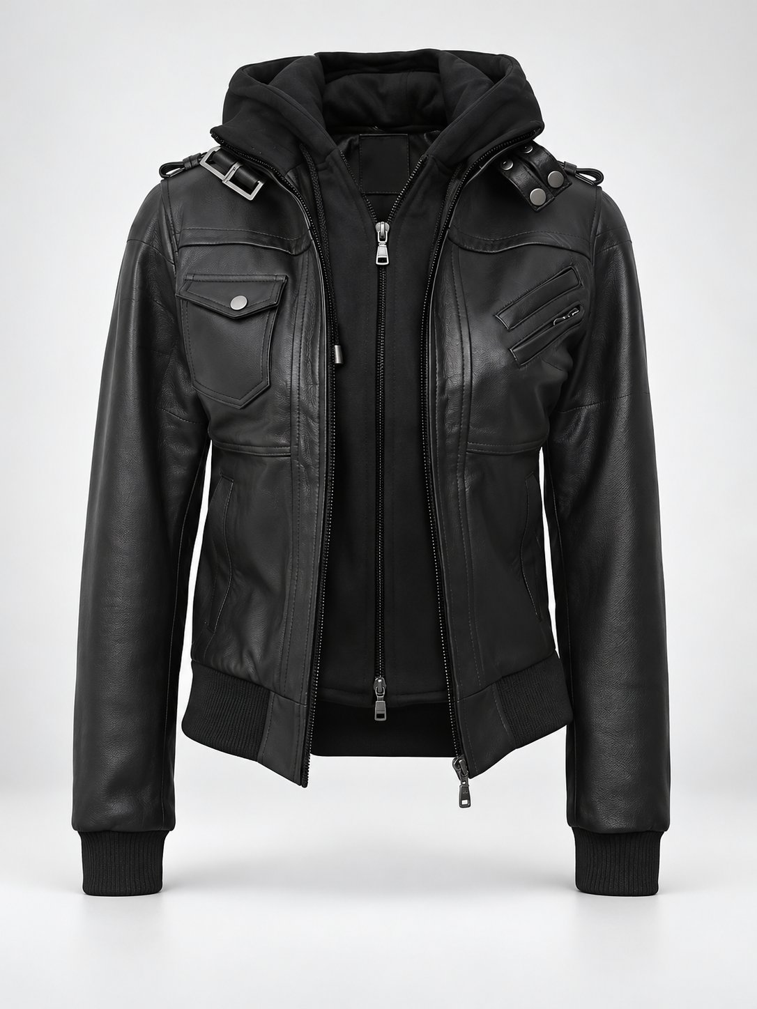 Women's Hooded Faux Leather Zip-Up Jacket with Ribbed Cuffs and Shoulder Epaulettes in Black – photo 2