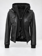 Women's Hooded Faux Leather Zip-Up Jacket with Ribbed Cuffs and Shoulder Epaulettes in Black – photo 3